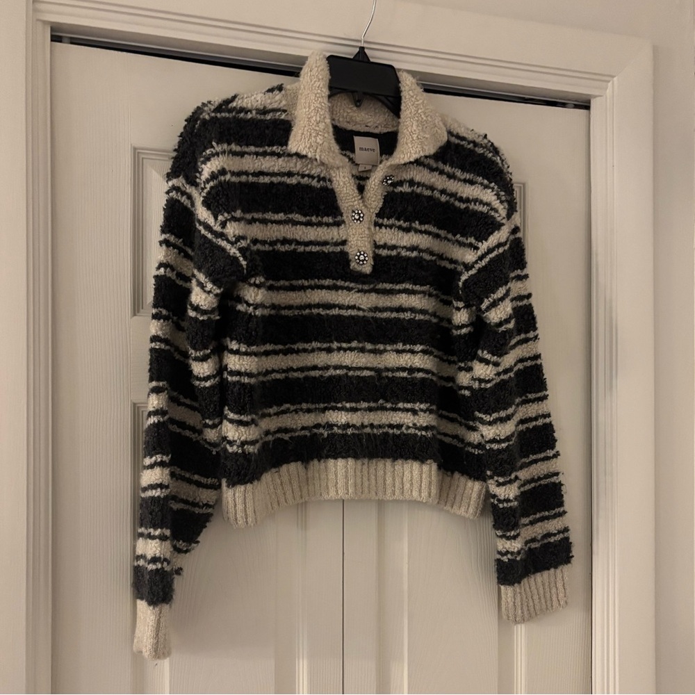 MAEVE ANTHROPOLOGIE Striped Polo Sweater in Black and White with Buttons - Picture 4 of 10